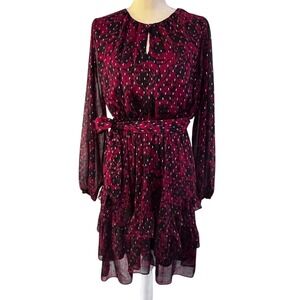 SIMPLY VERA Vera Wang Dress Women's Burgundy‎ Rose Metallic Dot Tiered Ruffle  M